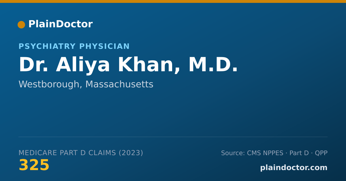 Shareable card for Aliya Khan, M.D. - Psychiatry Physician, Westborough, MA