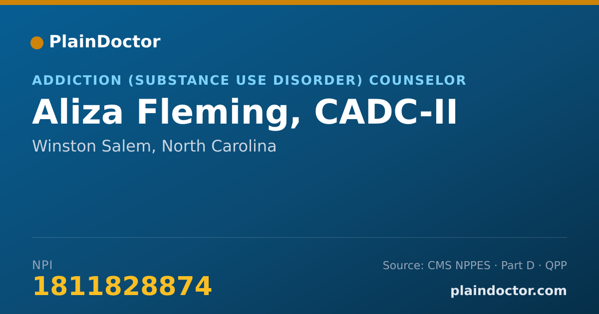 Shareable card for Aliza Fleming, CADC-II - Addiction (Substance Use Disorder) Counselor, Winston Salem, NC