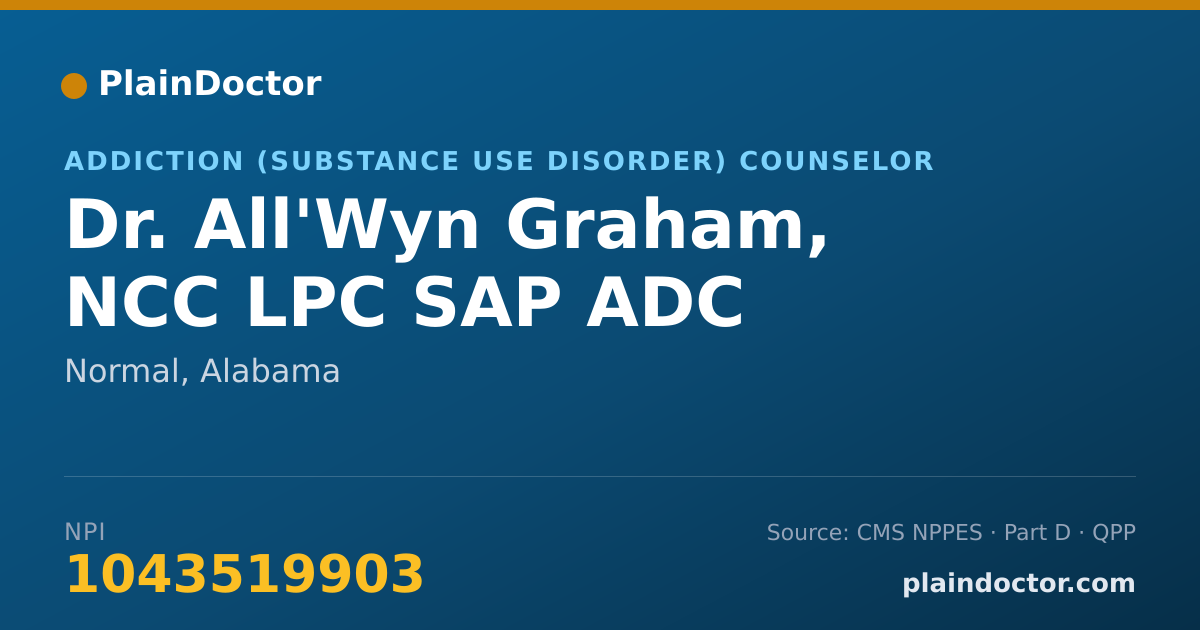 Shareable card for All'Wyn Graham, NCC LPC SAP ADC - Addiction (Substance Use Disorder) Counselor, Normal, AL