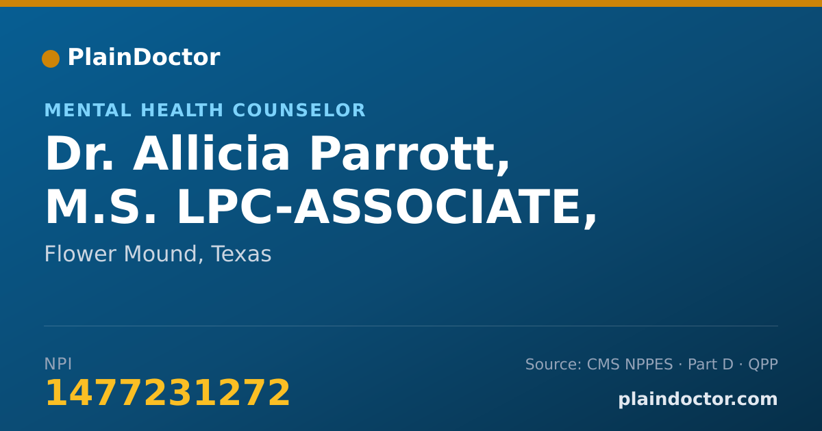 Shareable card for Allicia Parrott, M.S. LPC-ASSOCIATE, - Mental Health Counselor, Flower Mound, TX