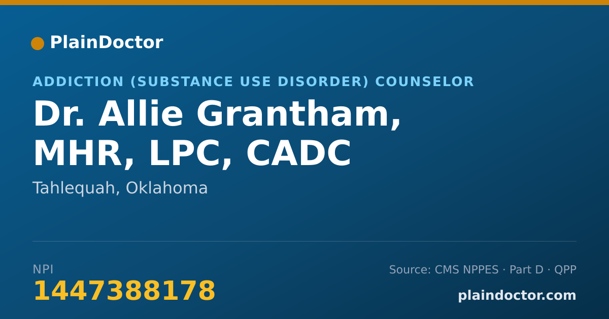 Shareable card for Allie Grantham, MHR, LPC, CADC - Addiction (Substance Use Disorder) Counselor, Tahlequah, OK