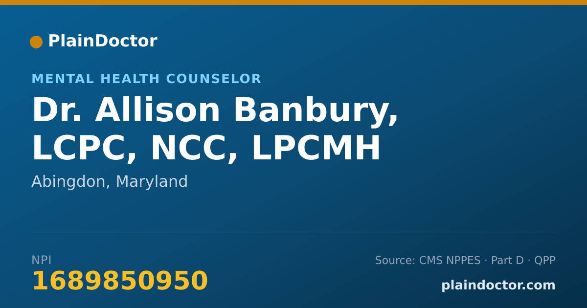 Shareable card for Allison Banbury, LCPC, NCC, LPCMH - Mental Health Counselor, Abingdon, MD