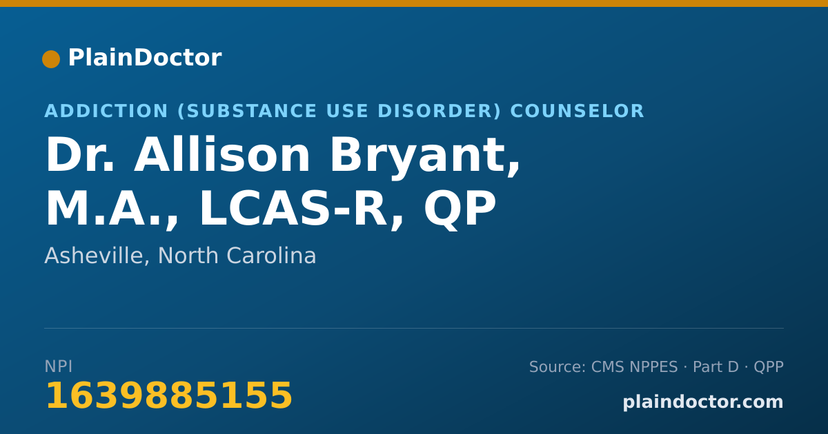 Shareable card for Allison Bryant, M.A., LCAS-R, QP - Addiction (Substance Use Disorder) Counselor, Asheville, NC