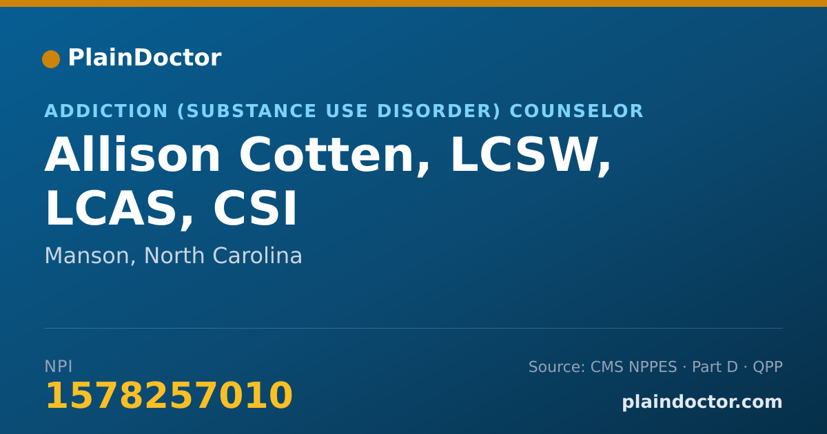 Shareable card for Allison Cotten, LCSW, LCAS, CSI - Addiction (Substance Use Disorder) Counselor, Manson, NC