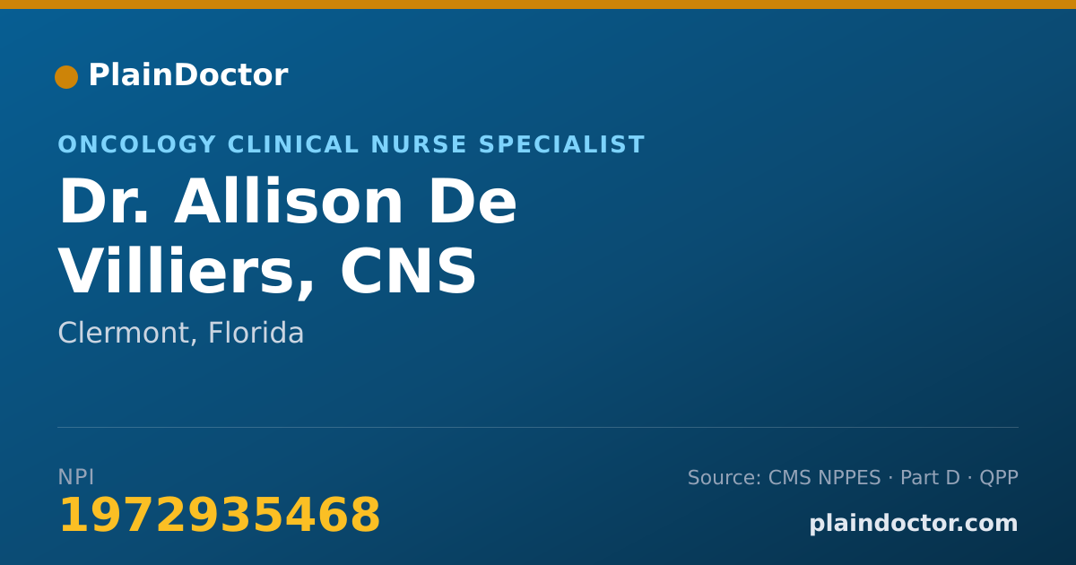 Shareable card for Allison De Villiers, CNS - Oncology Clinical Nurse Specialist, Clermont, FL