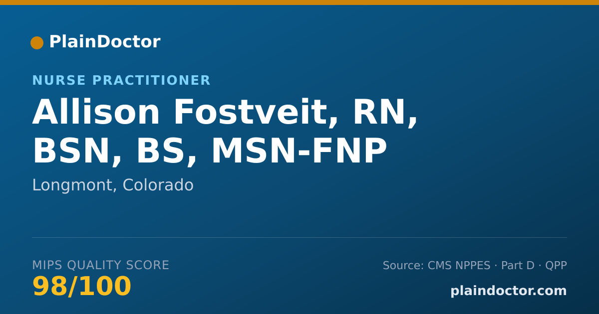 Shareable card for Allison Fostveit, RN, BSN, BS, MSN-FNP - Nurse Practitioner, Longmont, CO