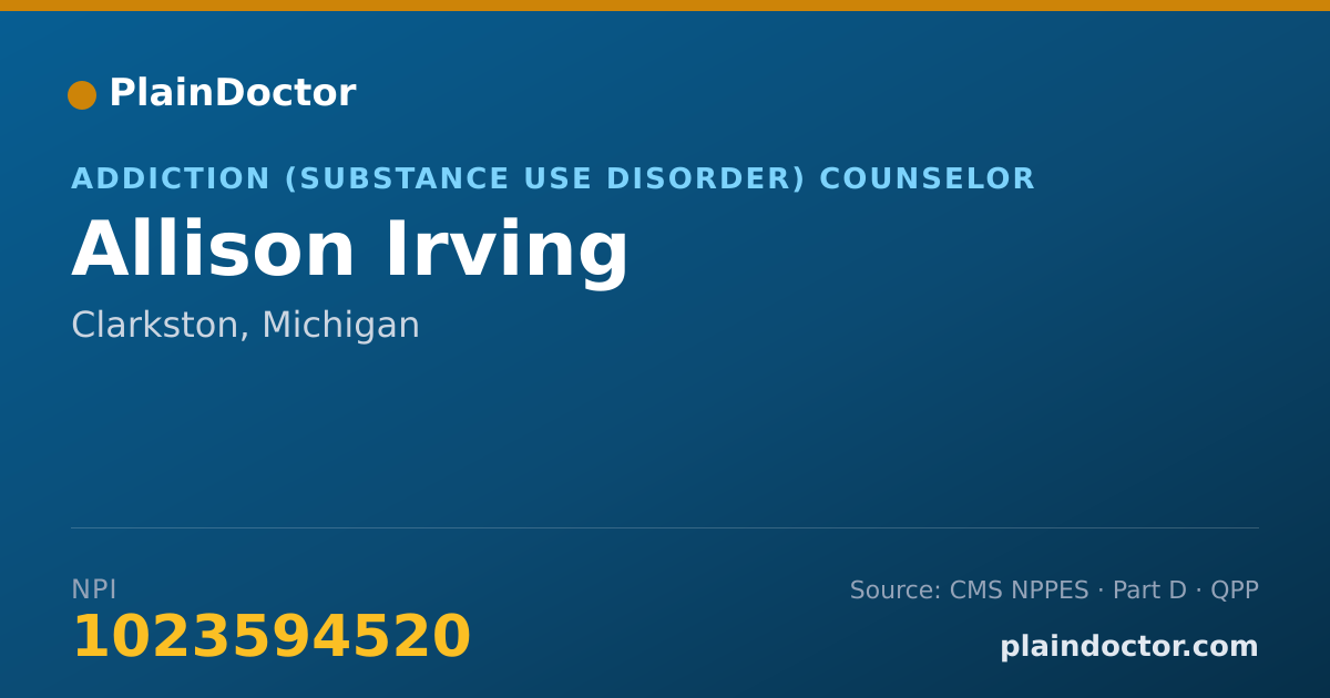 Shareable card for Allison Irving - Addiction (Substance Use Disorder) Counselor, Clarkston, MI
