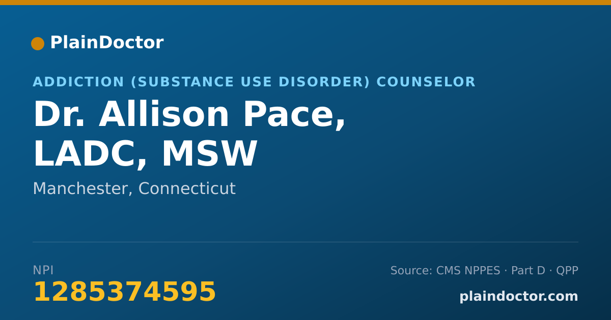 Shareable card for Allison Pace, LADC, MSW - Addiction (Substance Use Disorder) Counselor, Manchester, CT