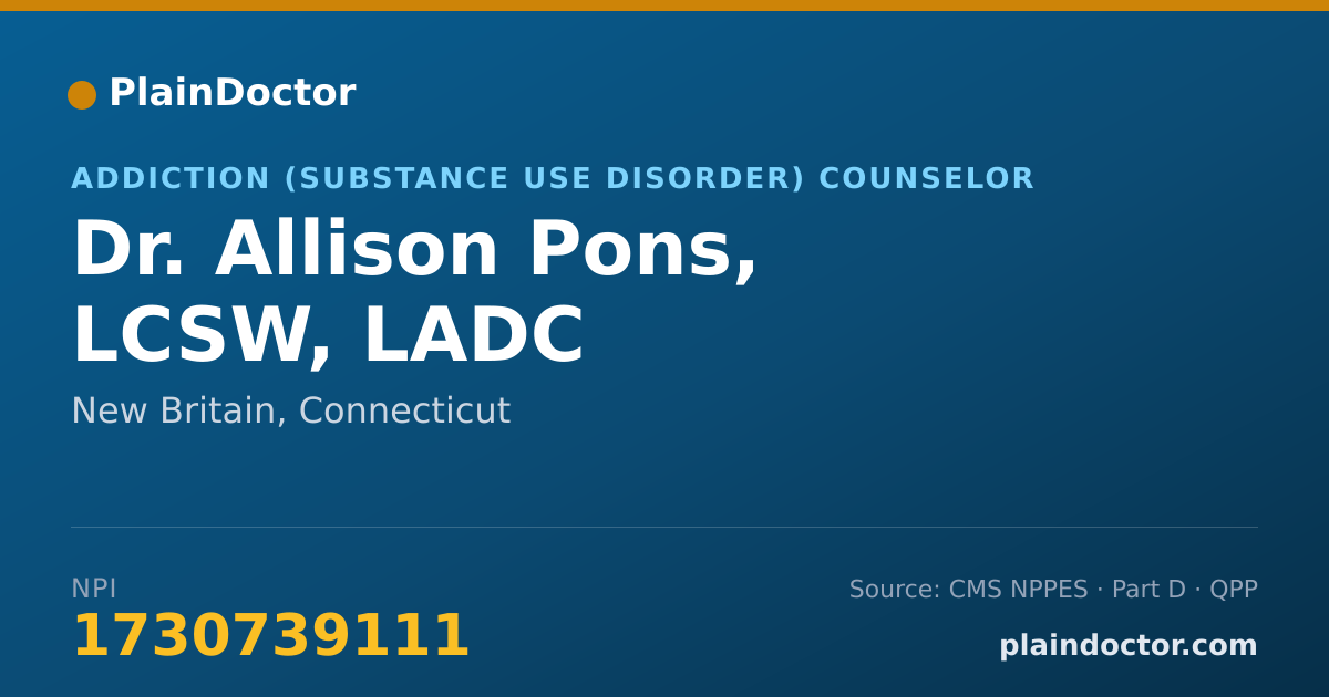 Shareable card for Allison Pons, LCSW, LADC - Addiction (Substance Use Disorder) Counselor, New Britain, CT