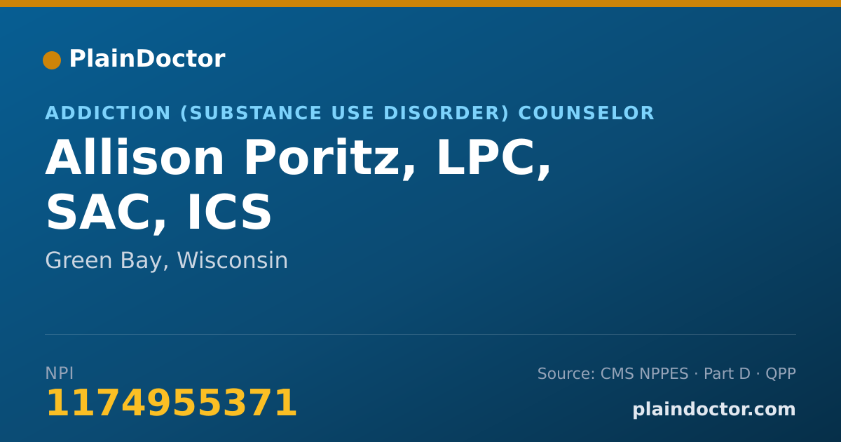 Shareable card for Allison Poritz, LPC, SAC, ICS - Addiction (Substance Use Disorder) Counselor, Green Bay, WI