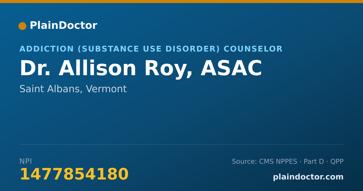 Shareable card for Allison Roy, ASAC - Addiction (Substance Use Disorder) Counselor, Saint Albans, VT