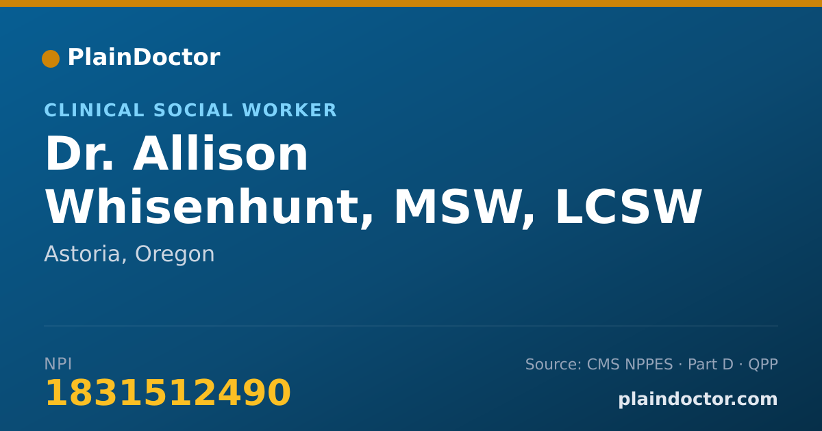Shareable card for Allison Whisenhunt, MSW, LCSW - Clinical Social Worker, Astoria, OR