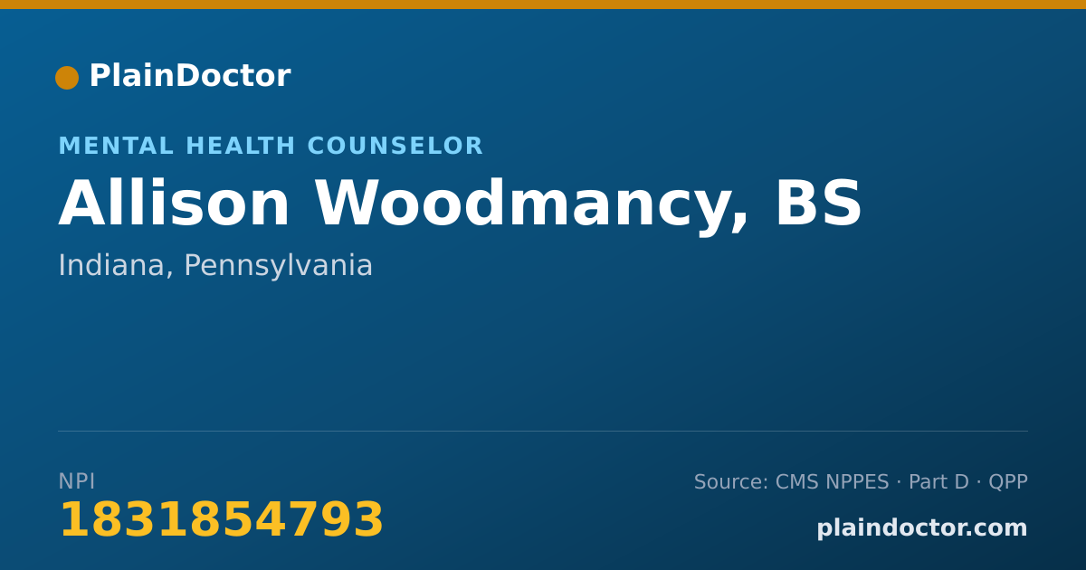 Shareable card for Allison Woodmancy, BS - Mental Health Counselor, Indiana, PA