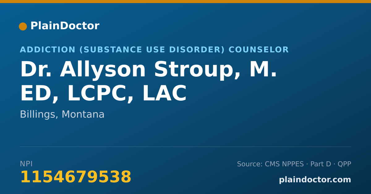 Shareable card for Allyson Stroup, M. ED, LCPC, LAC - Addiction (Substance Use Disorder) Counselor, Billings, MT