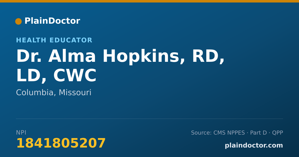 Shareable card for Alma Hopkins, RD, LD, CWC - Health Educator, Columbia, MO