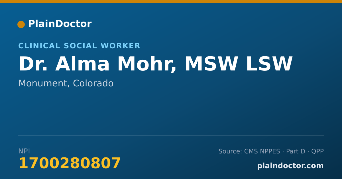 Shareable card for Alma Mohr, MSW LSW - Clinical Social Worker, Monument, CO