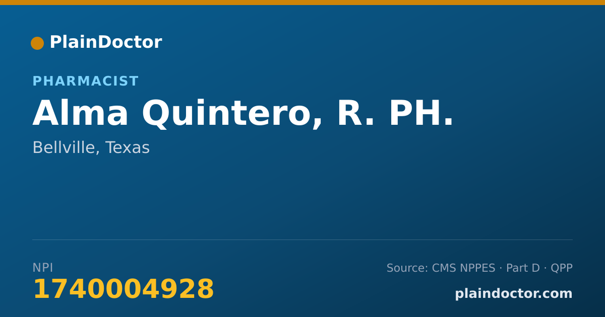 Shareable card for Alma Quintero, R. PH. - Pharmacist, Bellville, TX