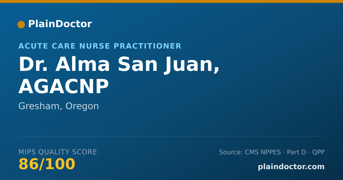 Shareable card for Alma San Juan, AGACNP - Acute Care Nurse Practitioner, Gresham, OR