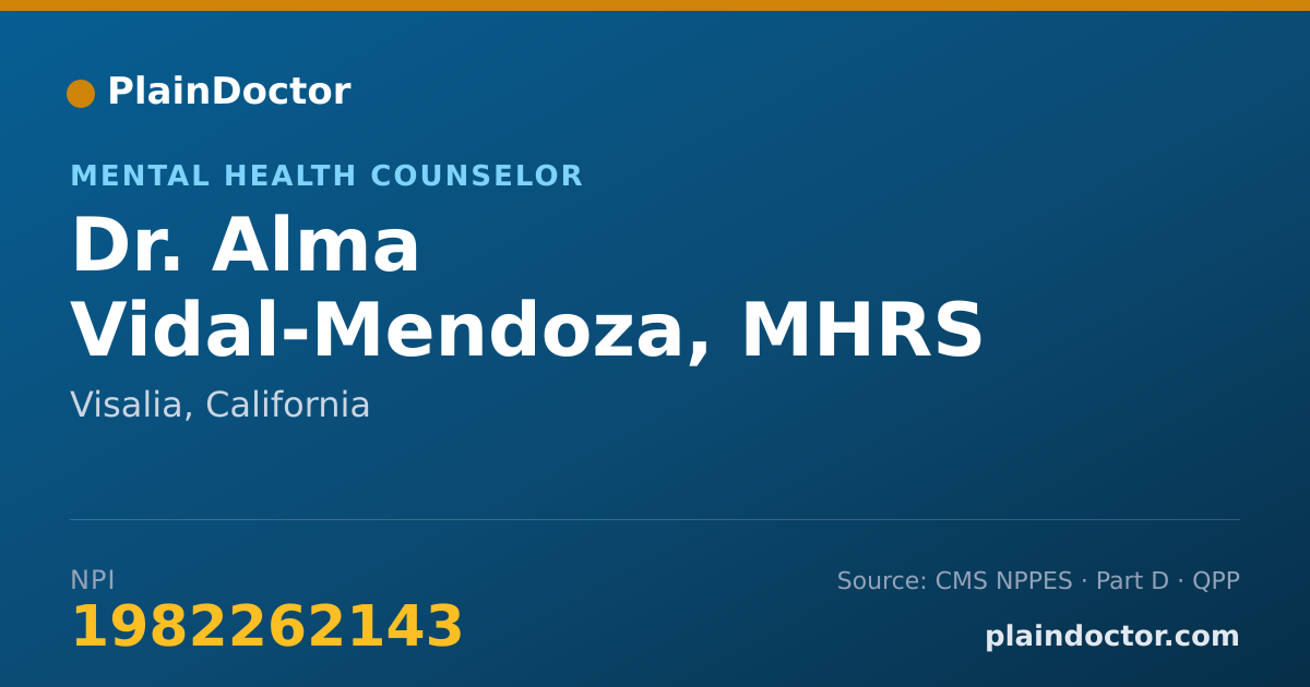 Shareable card for Alma Vidal-Mendoza, MHRS - Mental Health Counselor, Visalia, CA