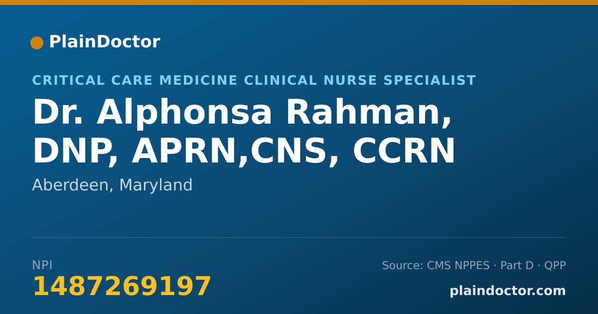 Shareable card for Alphonsa Rahman, DNP, APRN,CNS, CCRN - Critical Care Medicine Clinical Nurse Specialist, Aberdeen, MD