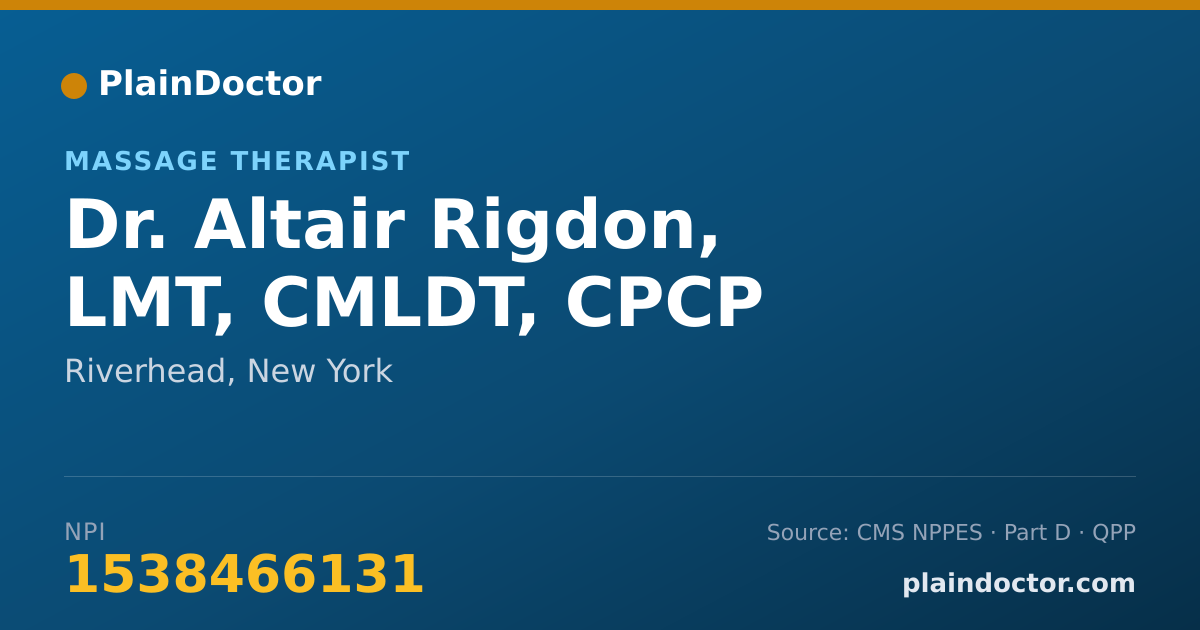 Shareable card for Altair Rigdon, LMT, CMLDT, CPCP - Massage Therapist, Riverhead, NY