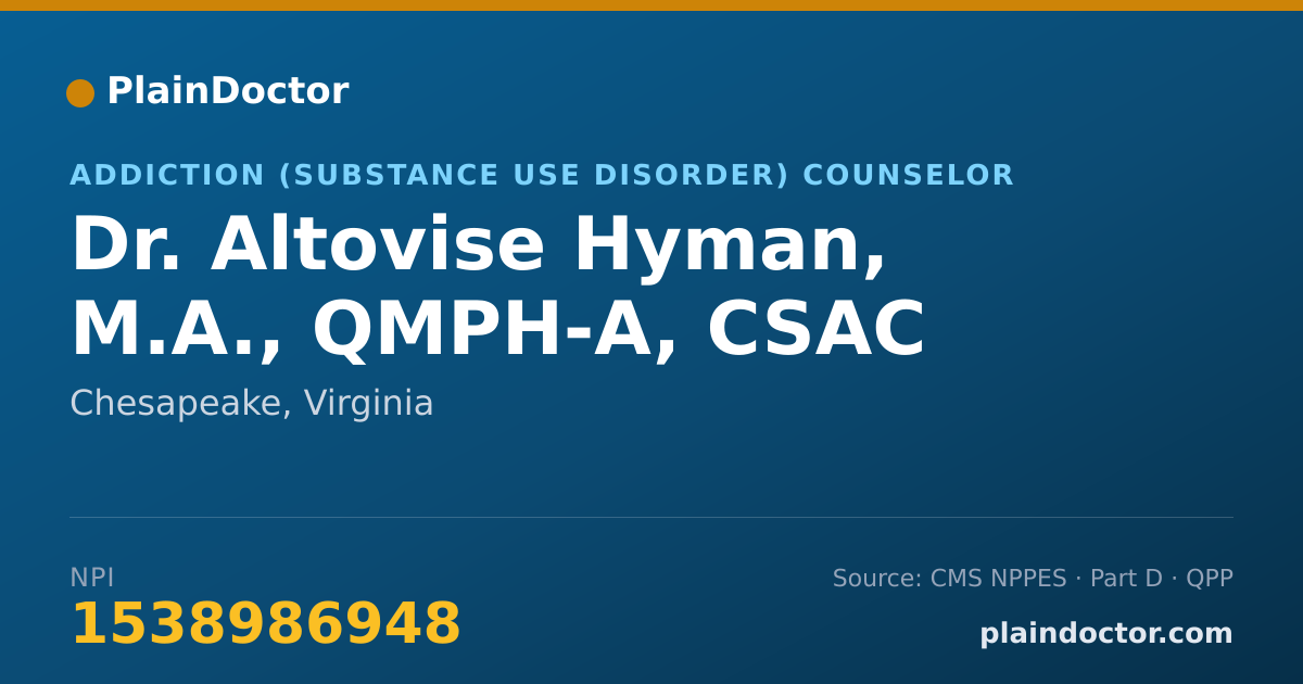 Shareable card for Altovise Hyman, M.A., QMPH-A, CSAC - Addiction (Substance Use Disorder) Counselor, Chesapeake, VA