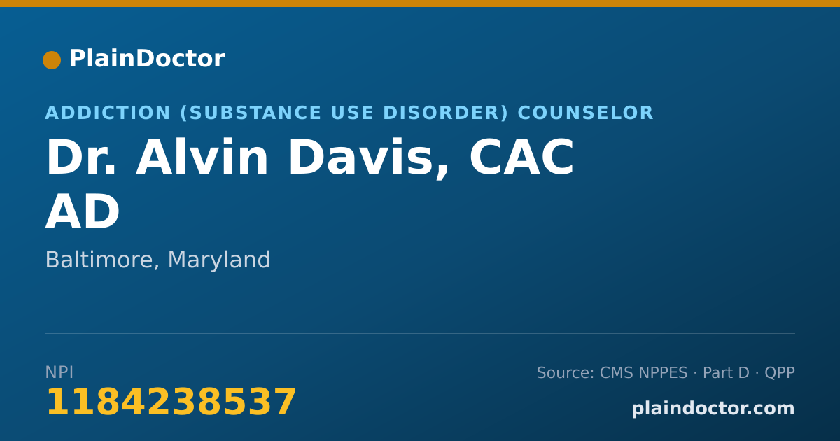 Shareable card for Alvin Davis, CAC AD - Addiction (Substance Use Disorder) Counselor, Baltimore, MD