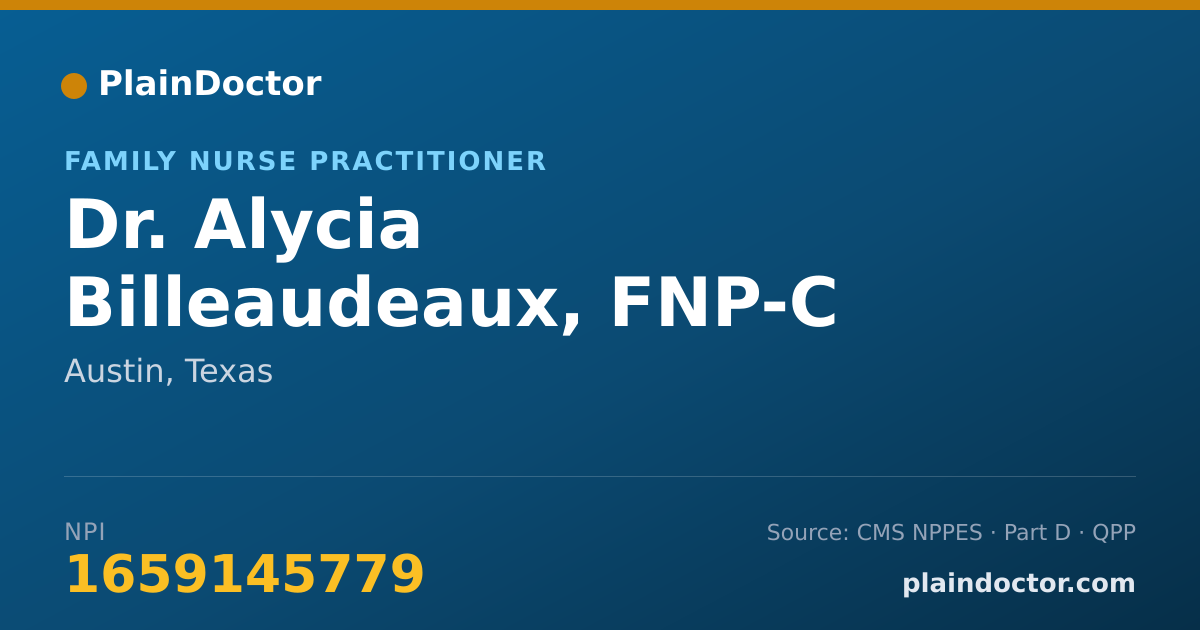 Shareable card for Alycia Billeaudeaux, FNP-C - Family Nurse Practitioner, Austin, TX