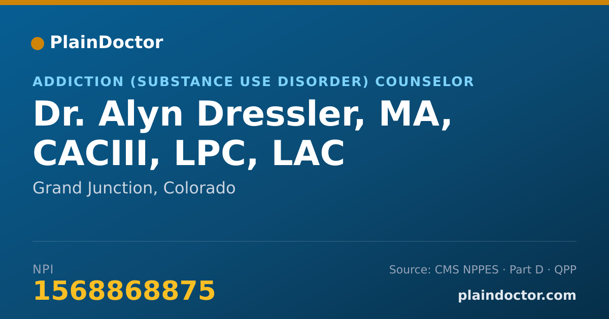 Shareable card for Alyn Dressler, MA, CACIII, LPC, LAC - Addiction (Substance Use Disorder) Counselor, Grand Junction, CO