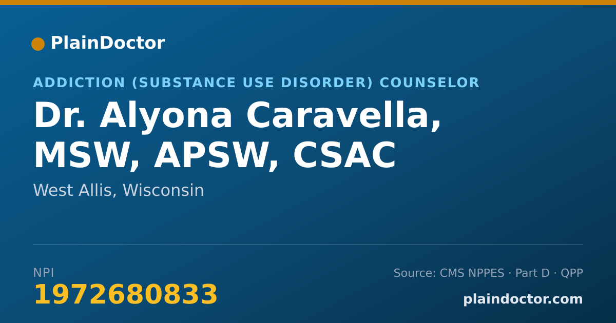 Shareable card for Alyona Caravella, MSW, APSW, CSAC - Addiction (Substance Use Disorder) Counselor, West Allis, WI
