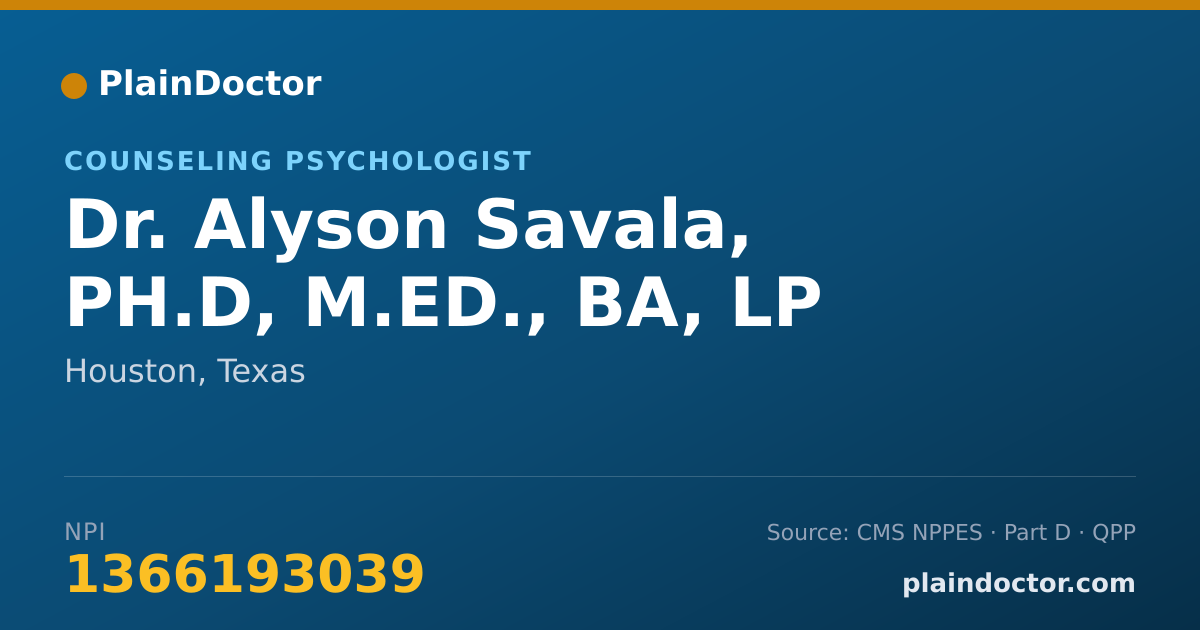 Shareable card for Alyson Savala, PH.D, M.ED., BA, LP - Counseling Psychologist, Houston, TX