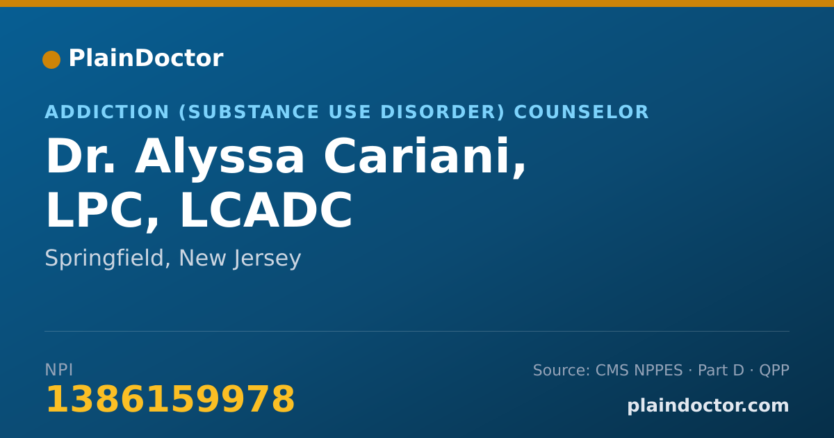 Shareable card for Alyssa Cariani, LPC, LCADC - Addiction (Substance Use Disorder) Counselor, Springfield, NJ
