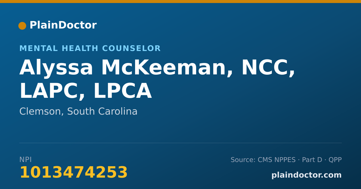 Shareable card for Alyssa McKeeman, NCC, LAPC, LPCA - Mental Health Counselor, Clemson, SC