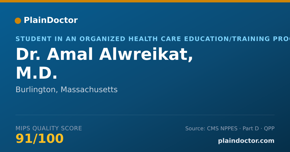 Shareable card for Amal Alwreikat, M.D. - Student in an Organized Health Care Education/Training Program, Burlington, MA