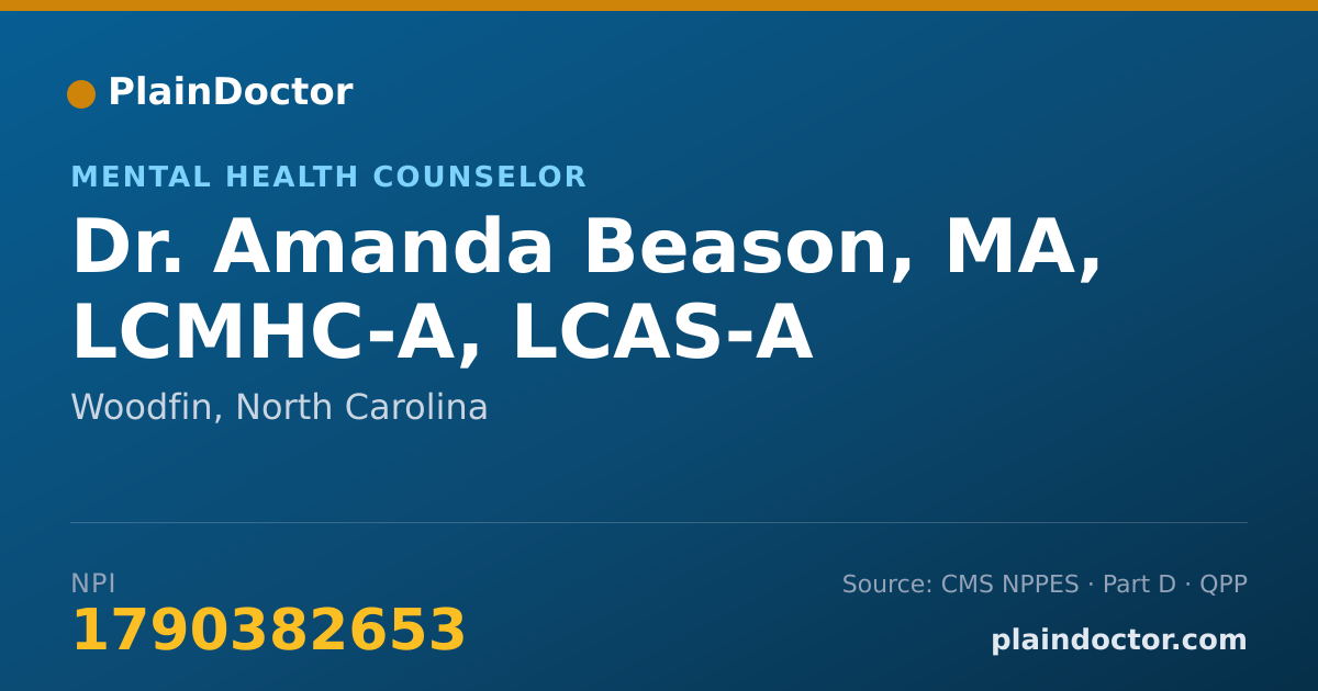Shareable card for Amanda Beason, MA, LCMHC-A, LCAS-A - Mental Health Counselor, Woodfin, NC