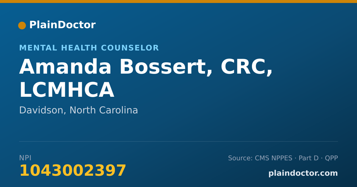 Shareable card for Amanda Bossert, CRC, LCMHCA - Mental Health Counselor, Davidson, NC