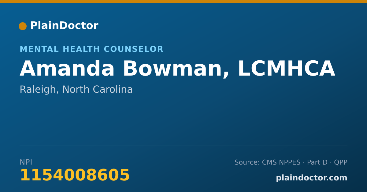 Shareable card for Amanda Bowman, LCMHCA - Mental Health Counselor, Raleigh, NC