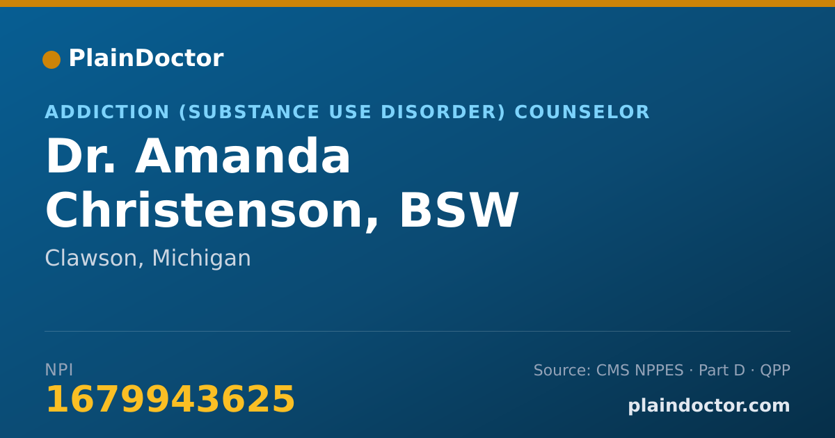 Shareable card for Amanda Christenson, BSW - Addiction (Substance Use Disorder) Counselor, Clawson, MI