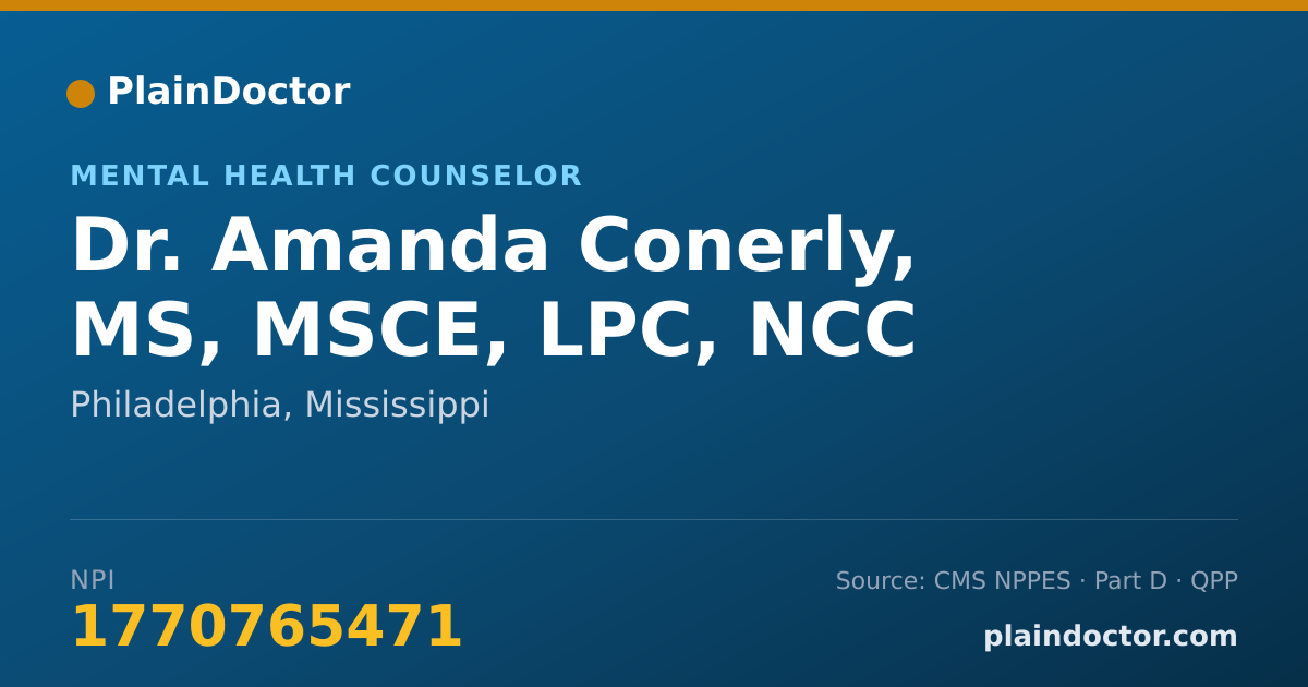 Shareable card for Amanda Conerly, MS, MSCE, LPC, NCC - Mental Health Counselor, Philadelphia, MS