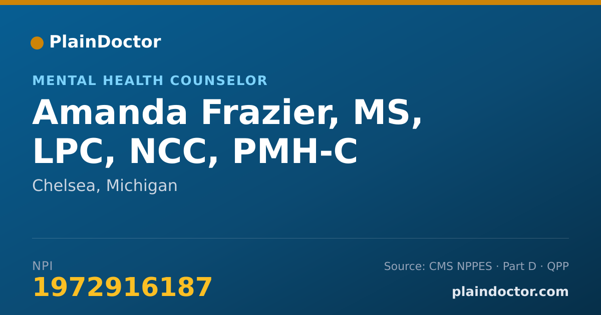 Shareable card for Amanda Frazier, MS, LPC, NCC, PMH-C - Mental Health Counselor, Chelsea, MI