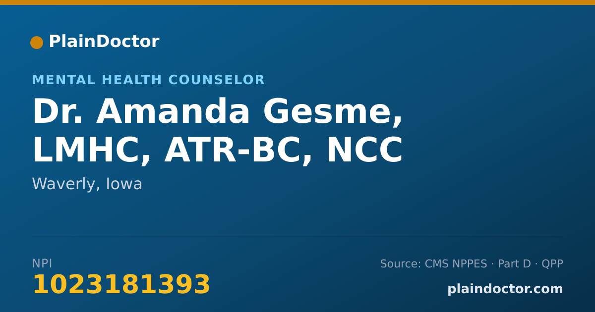 Shareable card for Amanda Gesme, LMHC, ATR-BC, NCC - Mental Health Counselor, Waverly, IA