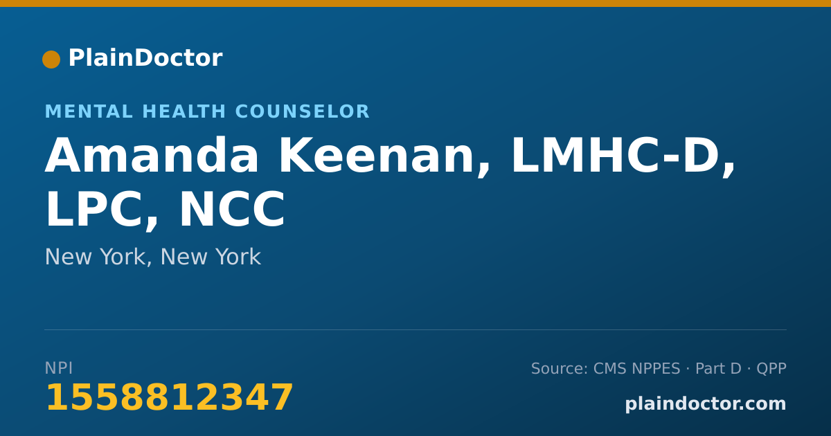 Shareable card for Amanda Keenan, LMHC-D, LPC, NCC - Mental Health Counselor, New York, NY