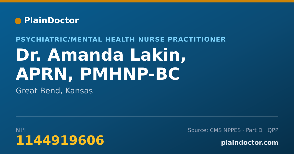 Shareable card for Amanda Lakin, APRN, PMHNP-BC - Psychiatric/Mental Health Nurse Practitioner, Great Bend, KS