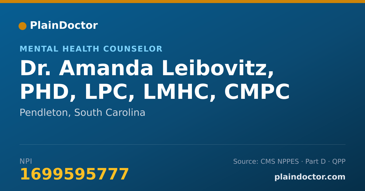 Shareable card for Amanda Leibovitz, PHD, LPC, LMHC, CMPC - Mental Health Counselor, Pendleton, SC