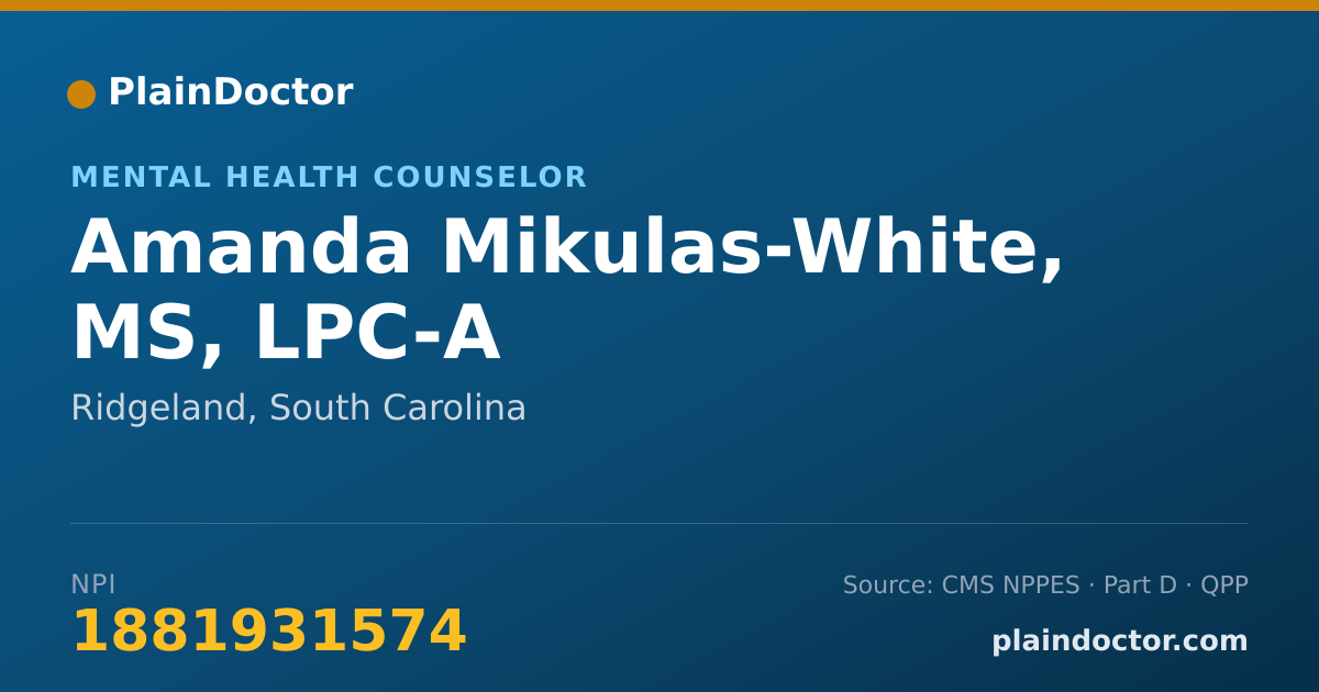 Shareable card for Amanda Mikulas-White, MS, LPC-A - Mental Health Counselor, Ridgeland, SC