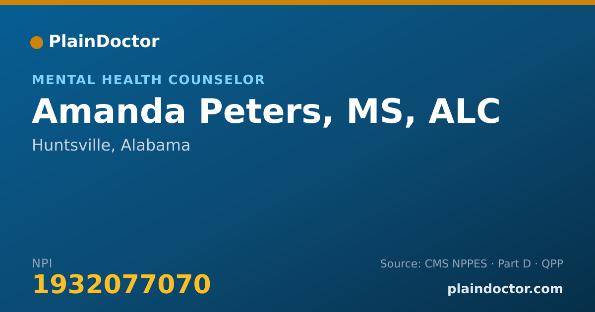 Shareable card for Amanda Peters, MS, ALC - Mental Health Counselor, Huntsville, AL