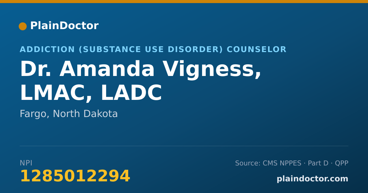 Shareable card for Amanda Vigness, LMAC, LADC - Addiction (Substance Use Disorder) Counselor, Fargo, ND