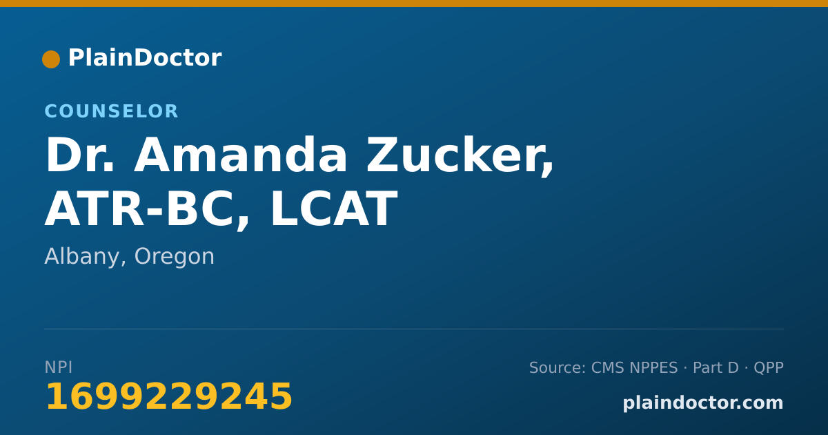 Shareable card for Amanda Zucker, ATR-BC, LCAT - Counselor, Albany, OR
