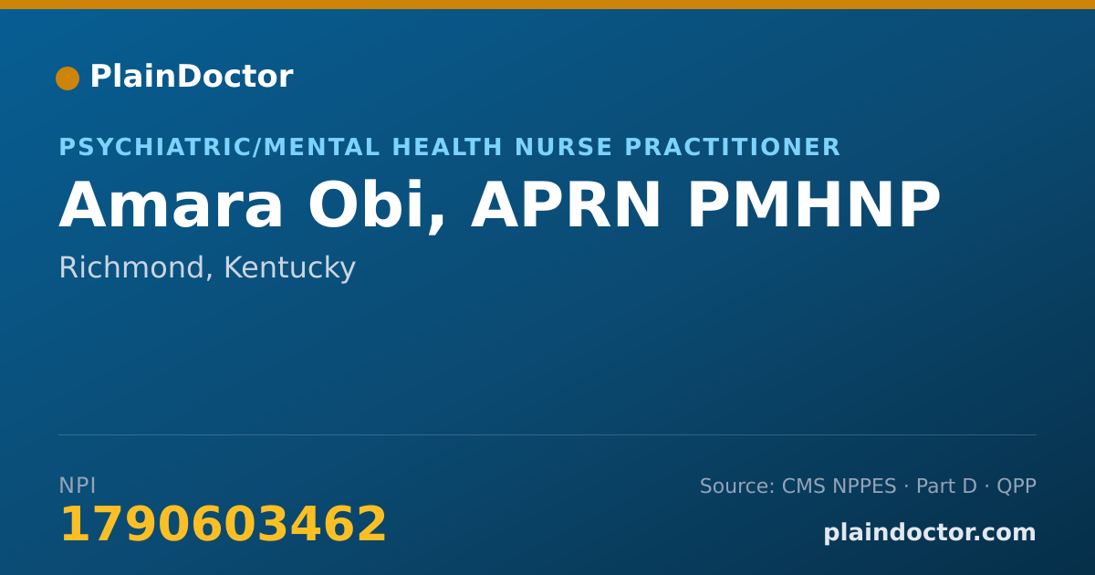 Shareable card for Amara Obi, APRN PMHNP - Psychiatric/Mental Health Nurse Practitioner, Richmond, KY