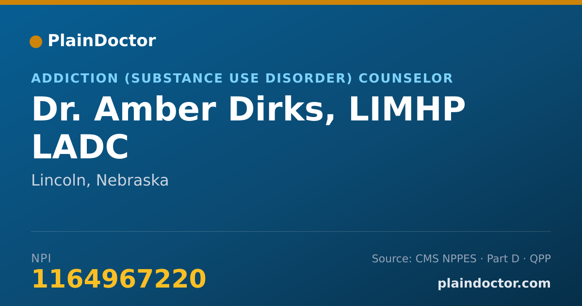 Shareable card for Amber Dirks, LIMHP LADC - Addiction (Substance Use Disorder) Counselor, Lincoln, NE